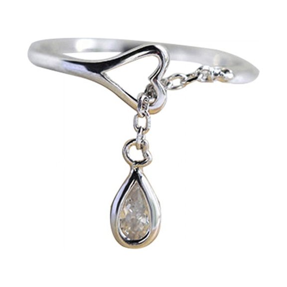 Ruanlalo Adjustable Chain Teardrop Cubic Zirconia CZ Hollow Heart Opening Finger Ring Silver