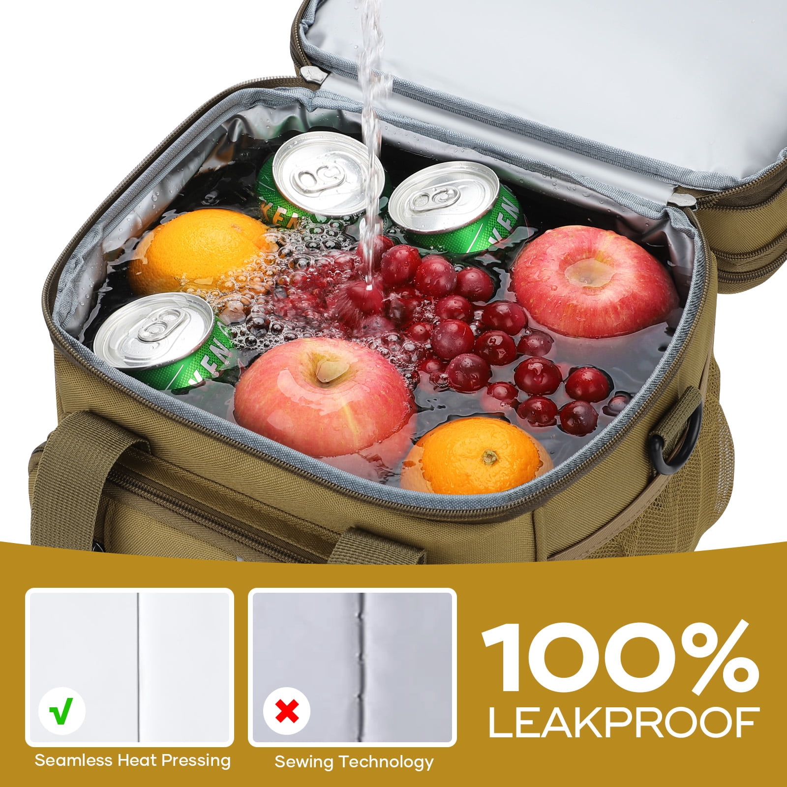 RealCool Lunch Bag, Insulated Lunch Box for Men Women, Double Deck Leakproof Soft Cooler Bag with Adjustable Strap, Lunchbox for Work, Camping Khaki