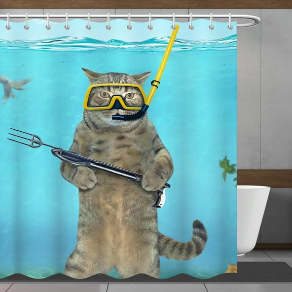 Blingpainting Funny Shower Curtain,Cute Cat Swimming in Blue Ocean Sea Shower Curtains, Waterproof Fabric Bathroom Curtain Kid Bathtub Decor with Hooks