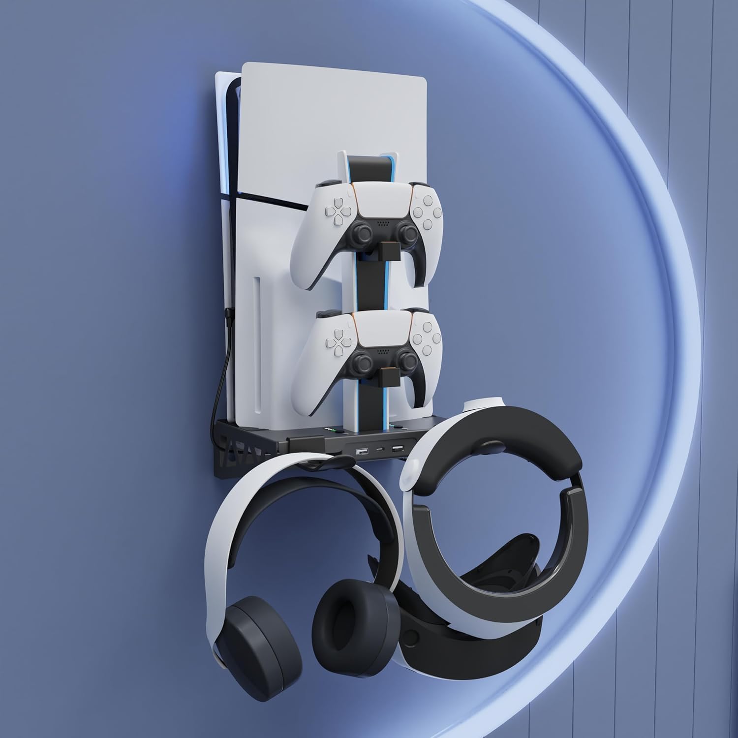 Soporte de pared para PS5/PS5 Slim/PS5 Pro, kit de accesorios con ventilador de enfriamiento y estación de carga, soporte flotante para consolas con disco y digital, montaje detrás del TV 6