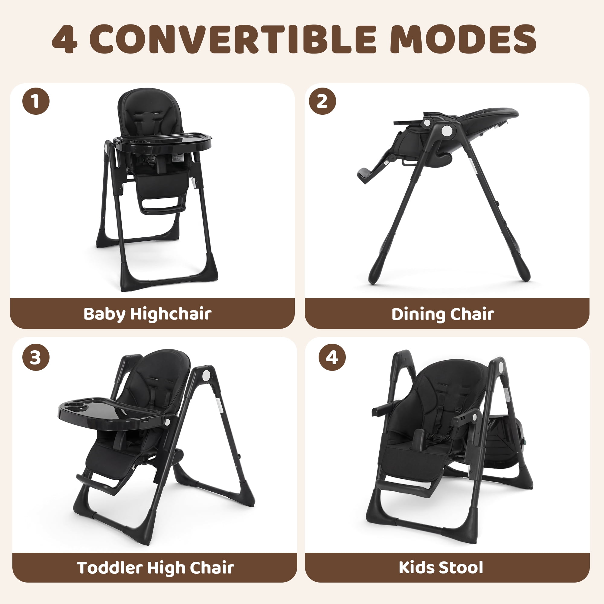 AILEEKISS Foldable High Chair for Baby, Toddler Eating Chair with Detachable Double Trays, Black