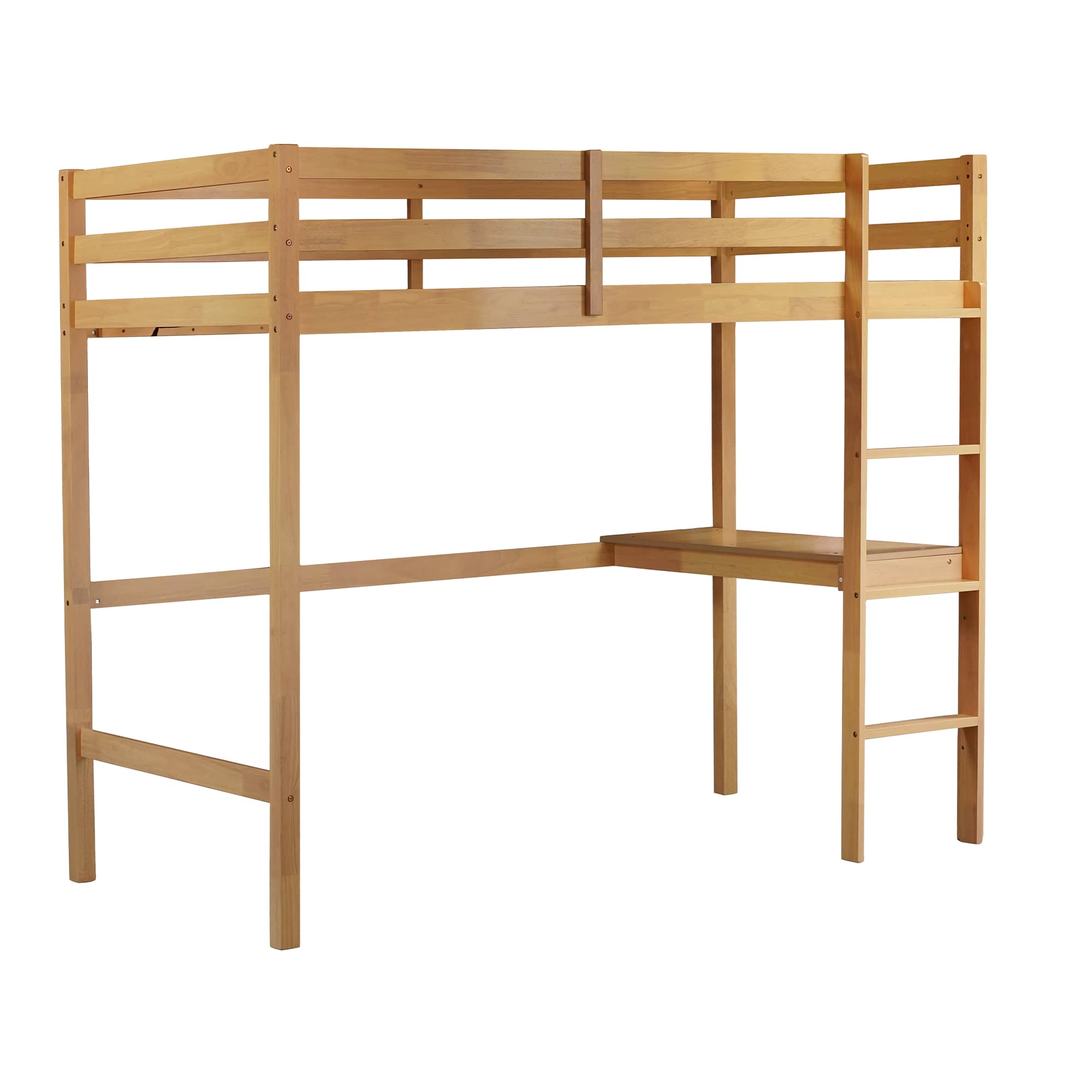 MAYEERTY Twin High Loft Bed, Rubber Wood Bed Frame with Guardrail, Built-in Desk, White Oak