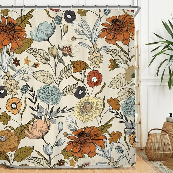 Flower Shower Curtain Set Vintage Retro Burnt Orange Blossom Botanical Plant Polyester Waterproof Cloth Bathroom Curtain with Hooks-36"W x 72"L (Pack of 1)