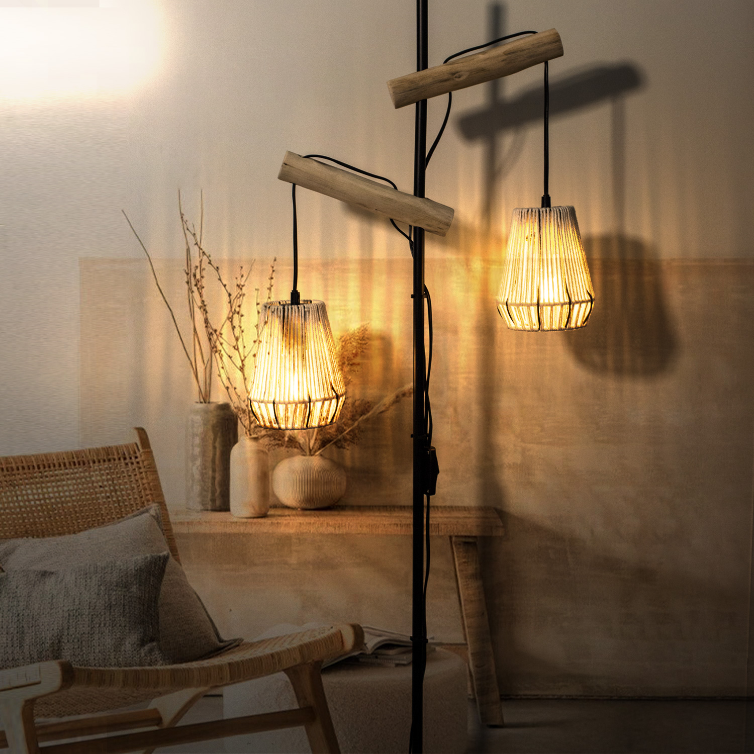 Floor Lamps Boho Farmhouse Hanging Floor Lamp in Natural Cotton Rope,Bohemian 2 Lampshades Handmade Rustic Stylish Floor Lamps for Bedroom Living Room Office Home Décor