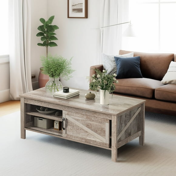 Rectangular Wooden Coffee Table with Adjustable Storage Shelf, Rustic Gray