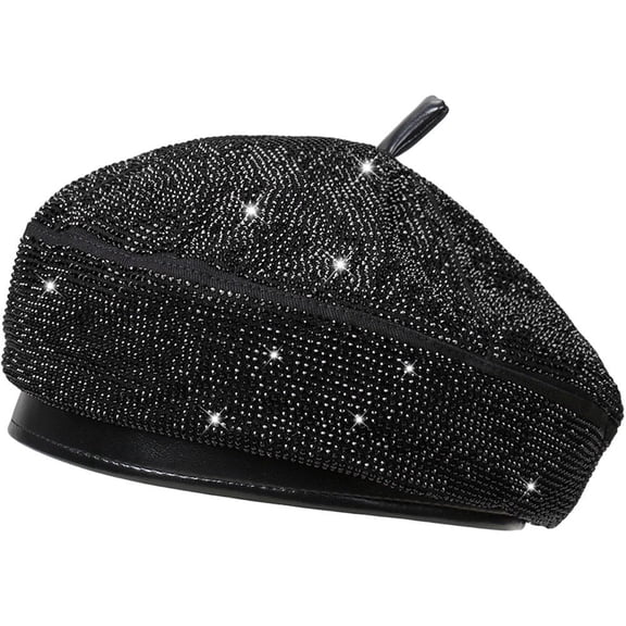 vlrwzc Women Vintage Beret Leather Beret With Rhinestones Classic French Berets Hat Lightweight Winter Hat Chic PU Leather Berets Artist Painter Cap