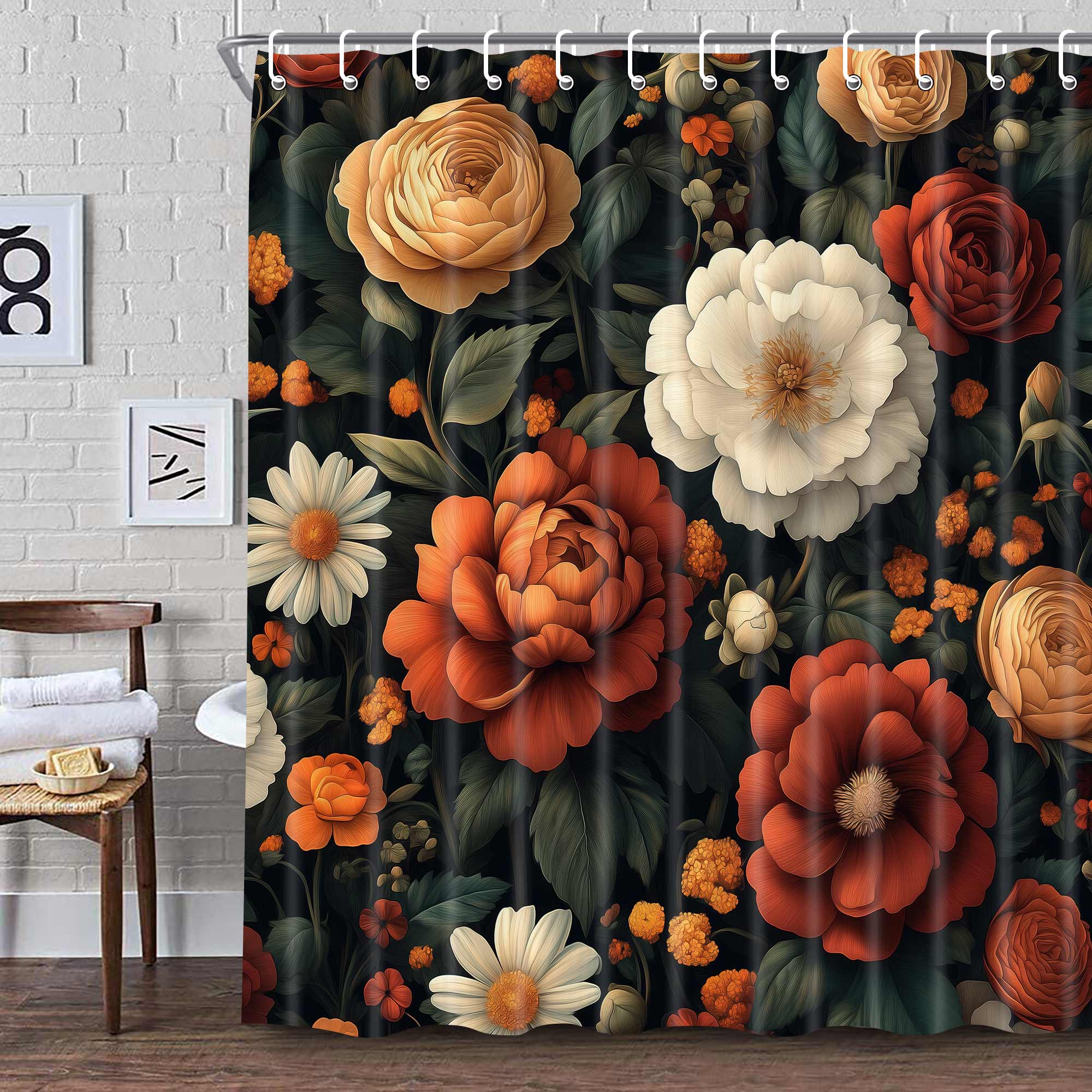 Floral Boho Shower Curtain, Black Abstract Bohemian Tropical Plant Red Orange White Flower Botanical Bathroom Curtains,Black Modern Aesthetic Leaves Fabric Shower Curtain with Hooks 72X84in