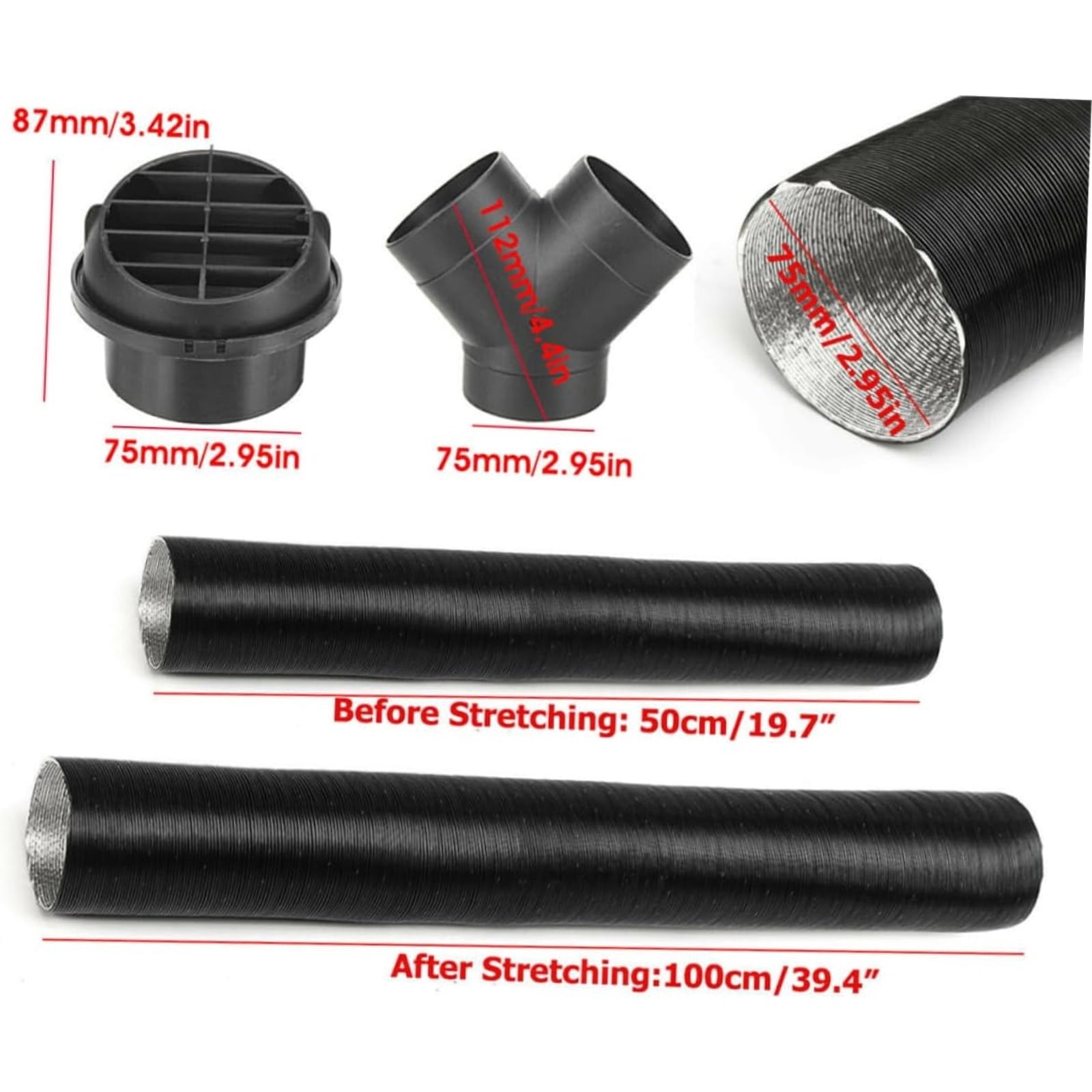 75mm Diesel Heater Air Ducting Kit with 2 Hoses Y Connector 2 Vents and 4 Clamps for Webasto Eberspacher Propex
