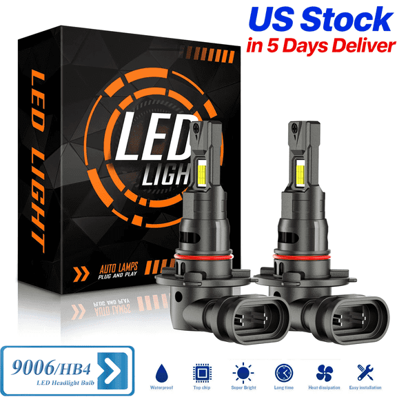 HB4/9006 LED Headlight Bulbs Hi/Low Beam, 100,000LM 600% Ultra-Bright Bulb, 6000K White, 500% Brightness with Fan, Plug-N-Play, CANbus Ready, pack of 2