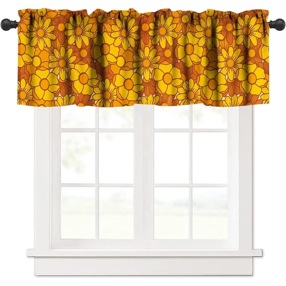 70s Inspired Floral Valance Curtain Cute Brown and Yellow Beautiful Flowers Windows Short Curtains Valances for Kitchen Living Room Bedroom Farmhouse Decor with Rod Pocket, One Panel 54X18 Inches
