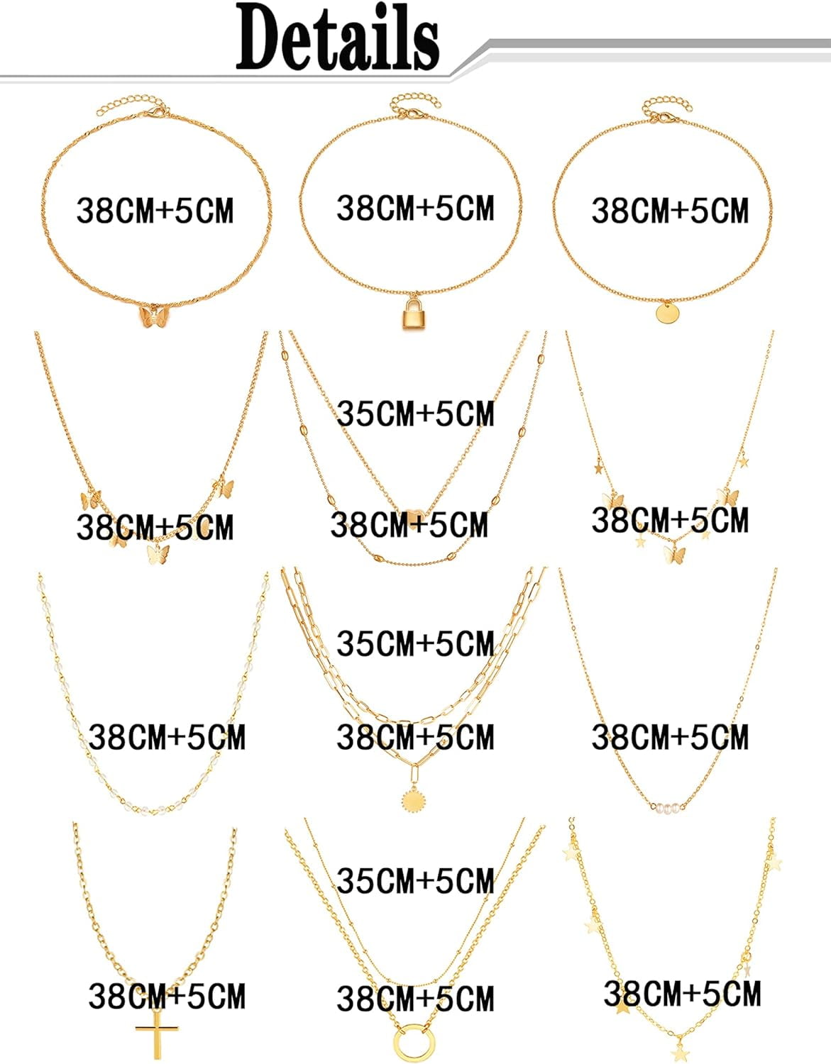 12pcs Pro Chain Gold Bead Necklace Coin Moon Star Pearl Pendant Chain Choker Multilayer Necklace Leather Cord Set perfect for Women Men Adaptable Gold Tone[p108]