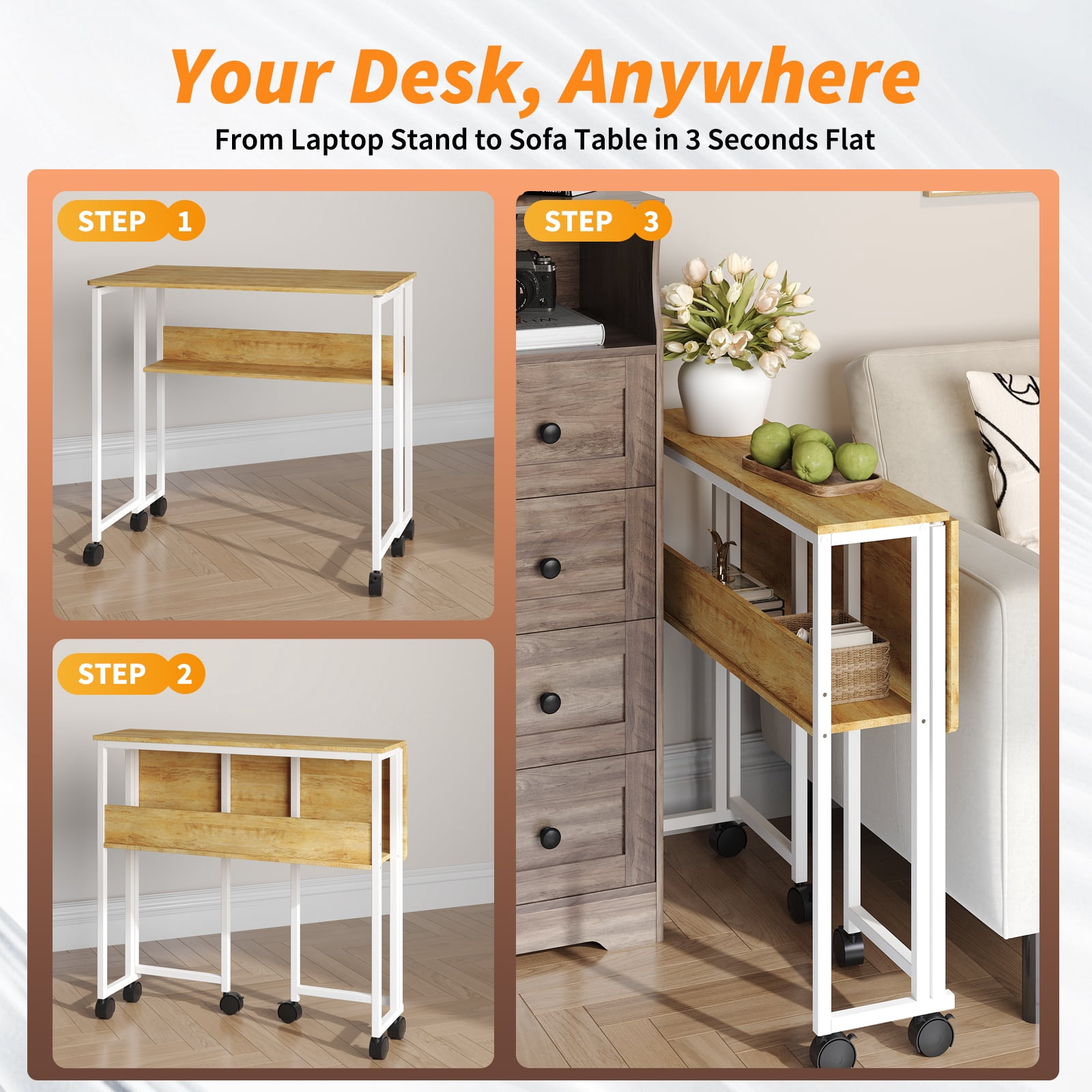Folding Desk Small Rolling Desk with Storage Shelf,24.8 inch Foldable Computer Desk with Wheels, for Small Spaces, Home Office, Study, Easy Assembly