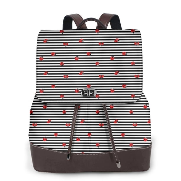 Balery Ladybugs on Black and White Striped Mochila de Cuero para Mujeres, Gran Capacidad, Bolsa de Viaje Multifuncional, Mochila de Cuero y Bolsa de Hombro para Mujeres