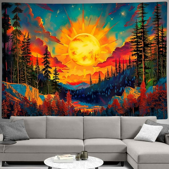 Nature Forest Tapestry, Boho Sun Mountain Landscape Tapestry for Bedroom Aesthetic, Abstract Wall Hanging for Bedroom Office College Dorm Living Room, 60X40IN
