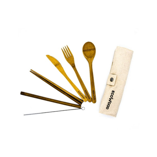 Set de 7 Cubiertos Portátil de Bambú Ecowood con Funda para Cocina Viaje Escuela