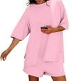 thumbnail image 4 of pstuiky Womens Pajama Set Summer Solid Color Comfortable Pajamas Set Leisure Loose Fit Crew Neck 3/4 Sleeve Sleepwear with Shorts Loungewear Sets Woman Pink XL, 4 of 8