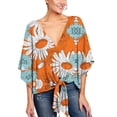 thumbnail image 4 of SWSMCLT Women's 3/4 Sleeve Plus Size Blouse Swing Bohemian Cotton Shirt Print V Neck Boho Tops Tie Knot Front Casual Shirts Summer Flowy Floral Plaid Yellow 5X-Large, 4 of 5
