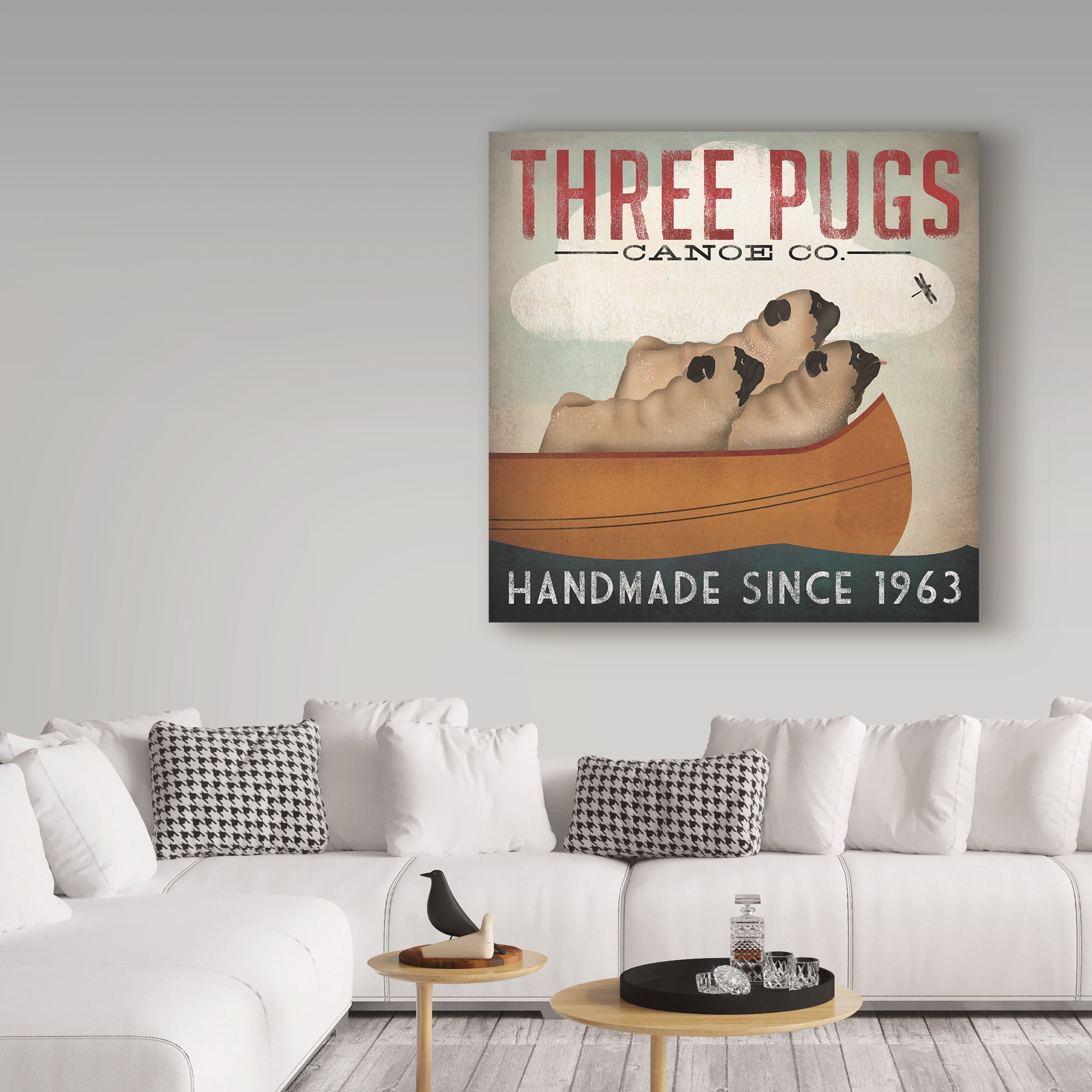 Trademark Fine Art 'Three Pugs in a Canoe' Canvas Art by Ryan Fowler