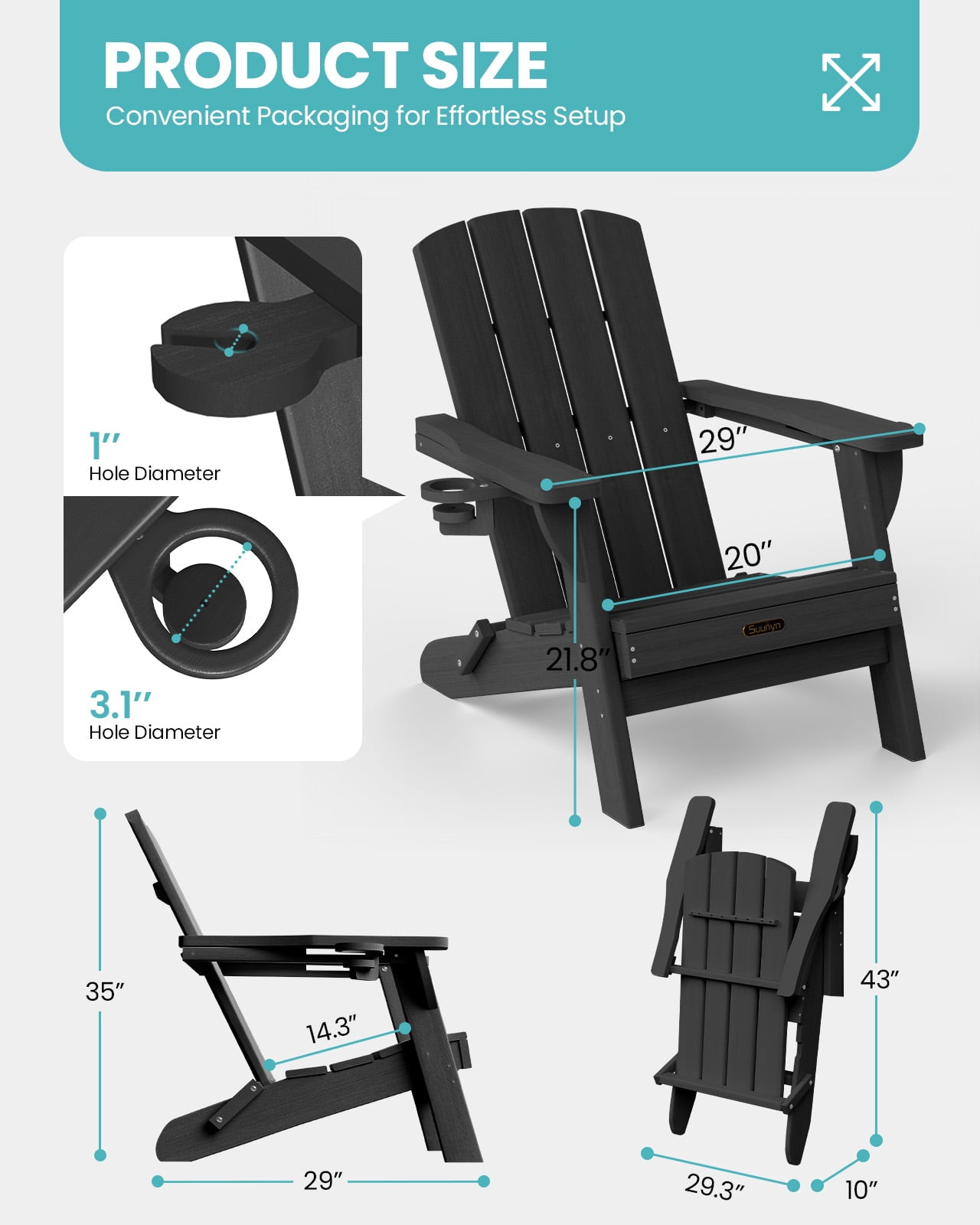 Folding Adirondack Chair set of 6, HDPE All-Weather Lawn Chair with 2 Cup Holder, Patio Garden Outdoors Fire Pit, Black