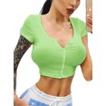 thumbnail image 1 of FOCUSNORM Women Short Sleeve Knit Blouse Solid Color V-neck Slim Short Top, 1 of 5