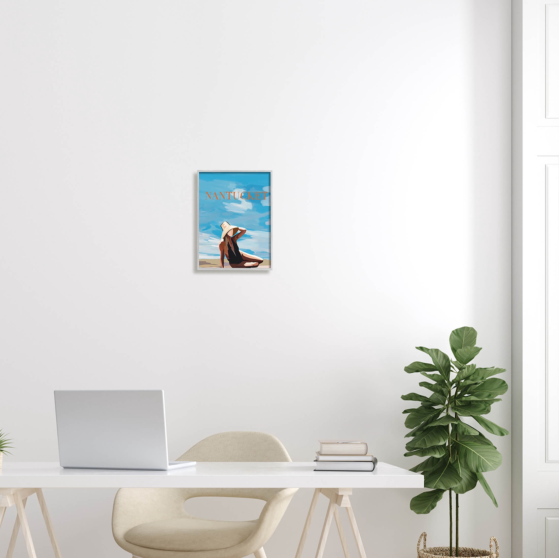 Stupell Industries Nantucket Summer Beach Girl Graphic Art Gray Framed Art Print Wall Art, Design by Amelia Noyes