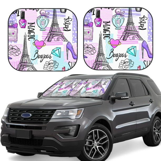 Balery Eiffel Tower and Hearts Parasol para parabrisas de coche de 2 piezas | Parasol plegable para parabrisas delantero de coche para la mayoría de sedanes-Large