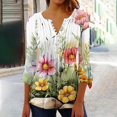 thumbnail image 2 of CYMMPU Loose Fit Tunic Tops Boho Blouses for Women Dressy Casual Summer Fashion Shirts 3/4 Sleeve Floral Pattern Spring Tops Button V Neck Flare Sleeve Empire Waist A Line T-Shirts Army Green XL, 2 of 5