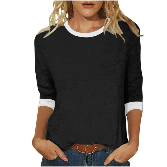 Uaswgudfs Blouse for Women Dressy Fashion O-Neck 3/4 Sleeve T Shirt Solid Casual Basic Tops