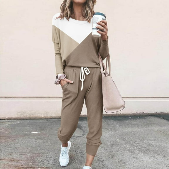 DailyTrove Women's Long Sleeve Color-Block Tracksuit - Multi-Color, Slim Fit, Spring & Outdoor Activity Wear,Khaki