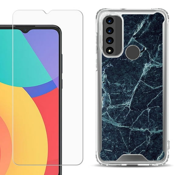 Shockproof Bumper Phone Case for TCL 20 XE, with Tempered Glass Screen Protector, by OneToughShield ® - Marble / Blue