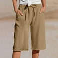 thumbnail image 2 of vigerkar Linen Shorts for Women Drawstring High Waisted Plus Size Shorts Summer Vacation Loose Beach Pants with Pockets Khaki, XL, 2 of 9