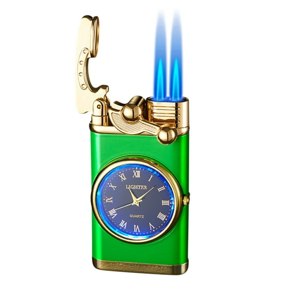 Pompotops Butane Torch Lighter, Double Fire Switching Lighter With Quartz Watch Metal Inflatable Windproof Blue Flame Lighter Fashion Gift Luminous, Green