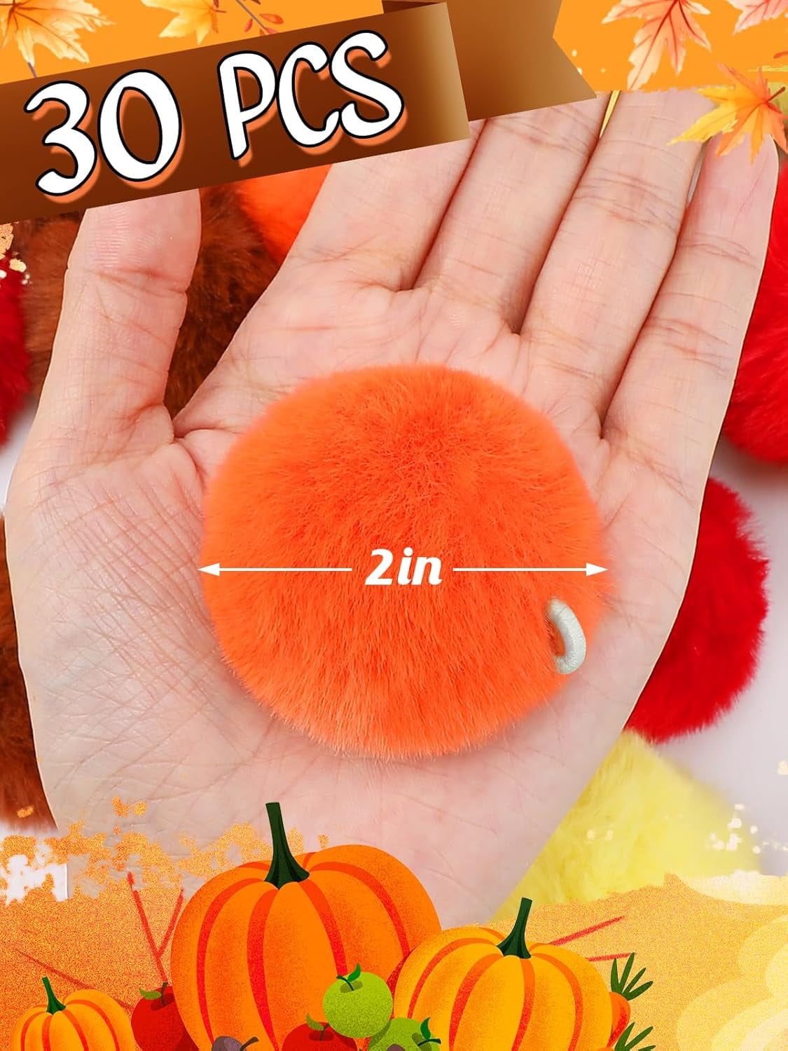 ABPETE 2'' Large Thanksgiving Day Pom Poms for Crafts - 30 pcs Faux Fur Pompoms Fluffy Balls forFall Decorations Handmade Autumn Gifts, Orange/Yellow/Brown/Red