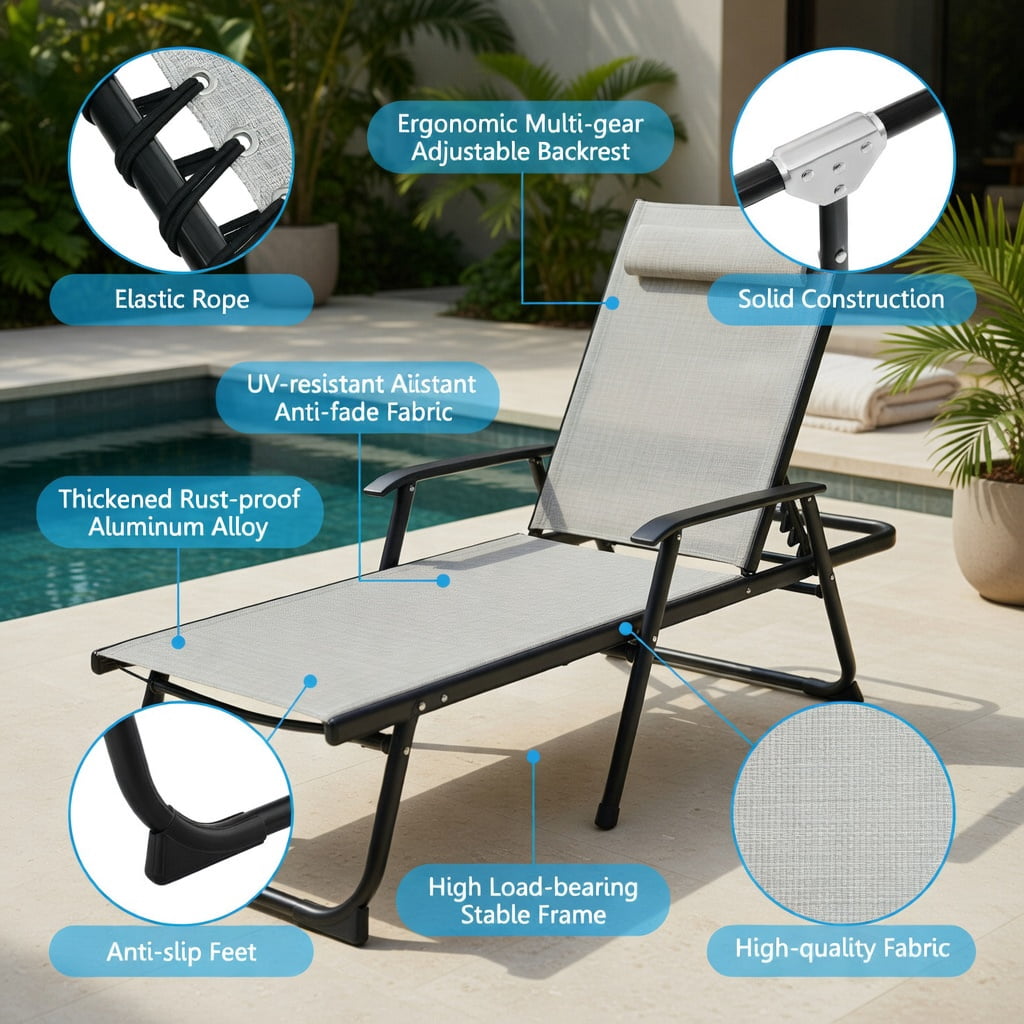 Hommoo Foldable Steel Beach Lounge Chair with Adjustable Backrest & Comfort Pillow, Weather-Resistant Patio Chaise for Outdoor and Indoor Use, Gray