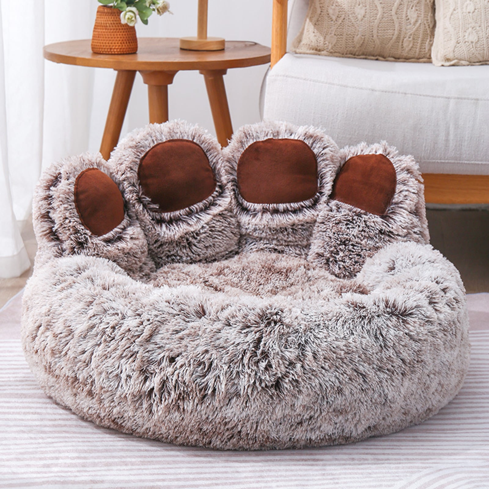Frogued Pet Nest Paw-Shaped Pet Bed Warm Comfortable Anti-Slip Fluffy Plush Cat Dog Sleeping Nest Pet Supplies Grey & White,70cm