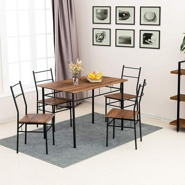 Mecor 5 Piece Dining Table Set Vintage Wood Tabletop Kitchen Table with 4 Chairs with Metal Frame Brown