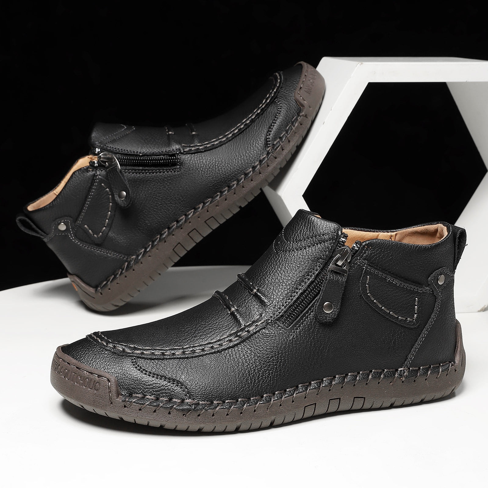 Menâs -On Orthopedic Leather Boots,Menâs Handmade Leather -On Driving Boots,Men Side Zipper Orthopedic Shoes for Driving Hiking