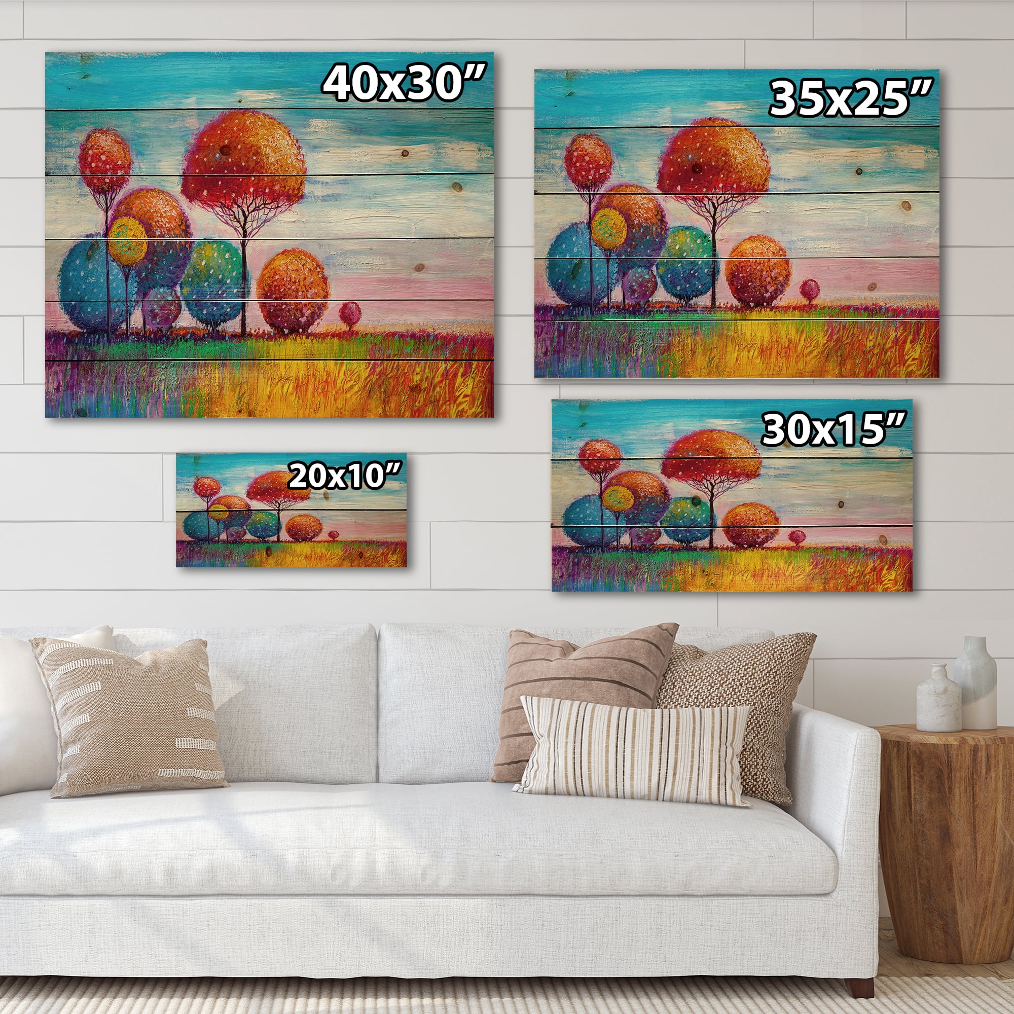 Designart 'Ornamental Colourful Trees IX' Modern Print on Natural Pine Wood
