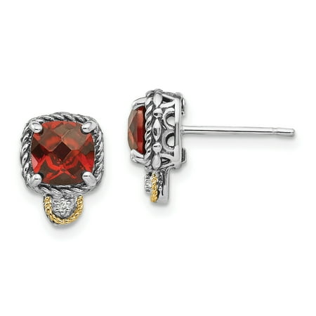 - Sterling Silver w/14k Gold Garnet & Diamond Post Earrings (7MM)