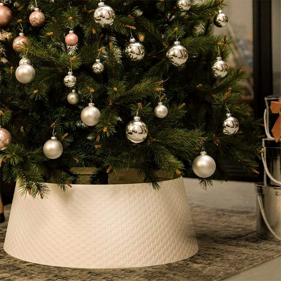 Christmas Tree Collar Round Christmas Tree Ring Skirt Base Cover Christmas Decorations for Xmas Tree Plastic Wicker 26.8" D(Large, White)