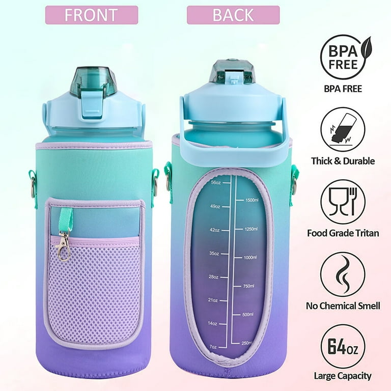 Uspeedy Motivational Water Bottle 64oz, Half Gallon Water Bottle with Time Marker and Straw, Leak Proof Large Cooling Towel BPA Free(Purple)