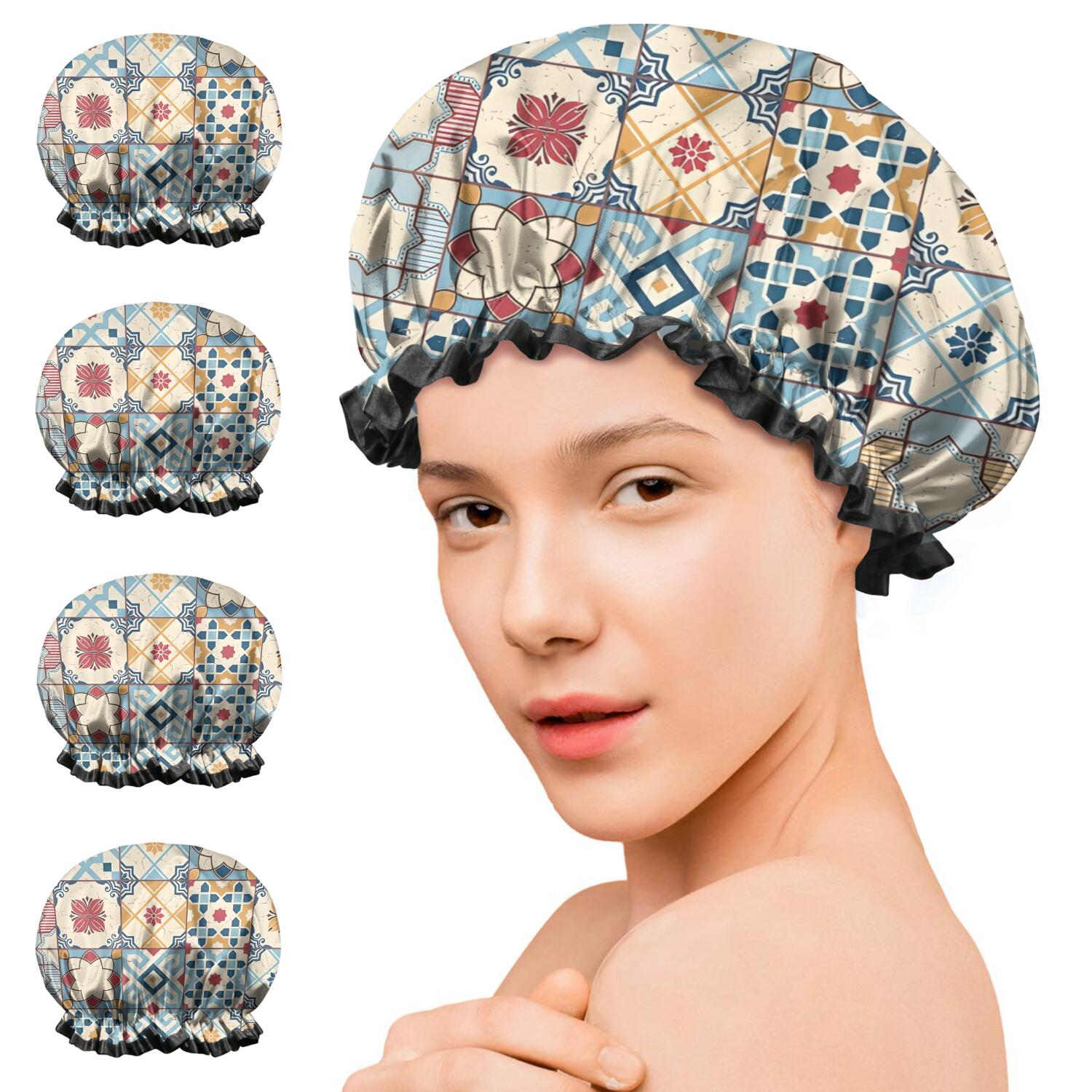Shower Caps,Multicolor Ethnic Geometric Patchwork Pattern Waterproof Shower Cap for Women 4 Pieces,Double Reusable Hair Cover for Shower PEVA Elastic Stretch Hem