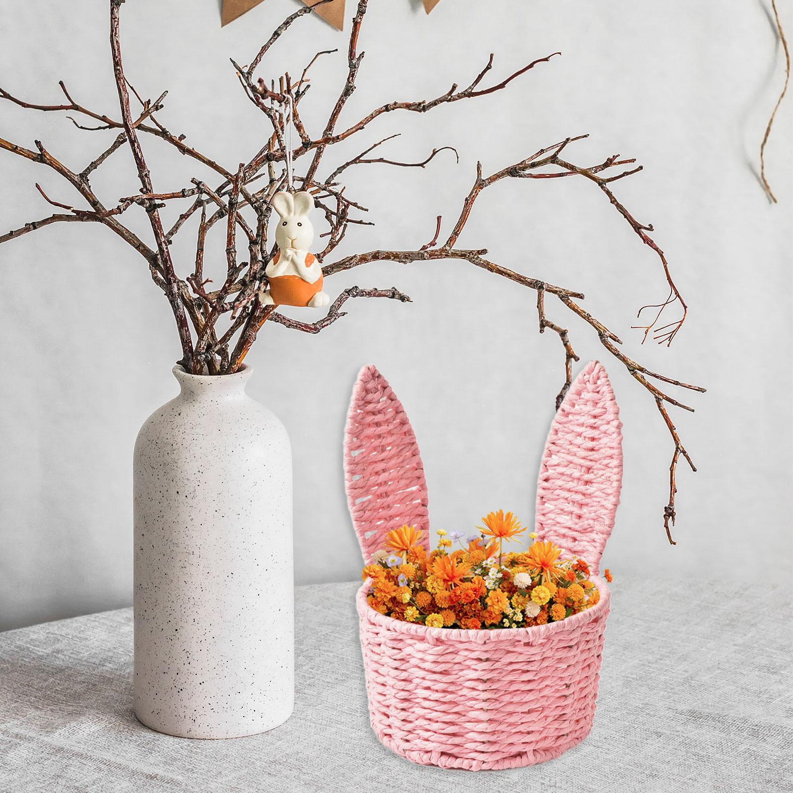 kowaku Easter Woven Bunny Ear Basket Storage Basket Candy Storage Creative Decorative Paper Rope Design Container Multipurpose Organizer Bunny Ear suitable for home decoration festive Pink
