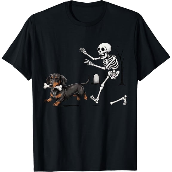 Funny Dachshund and Skeleton Halloween Spooky Season T-Shirt