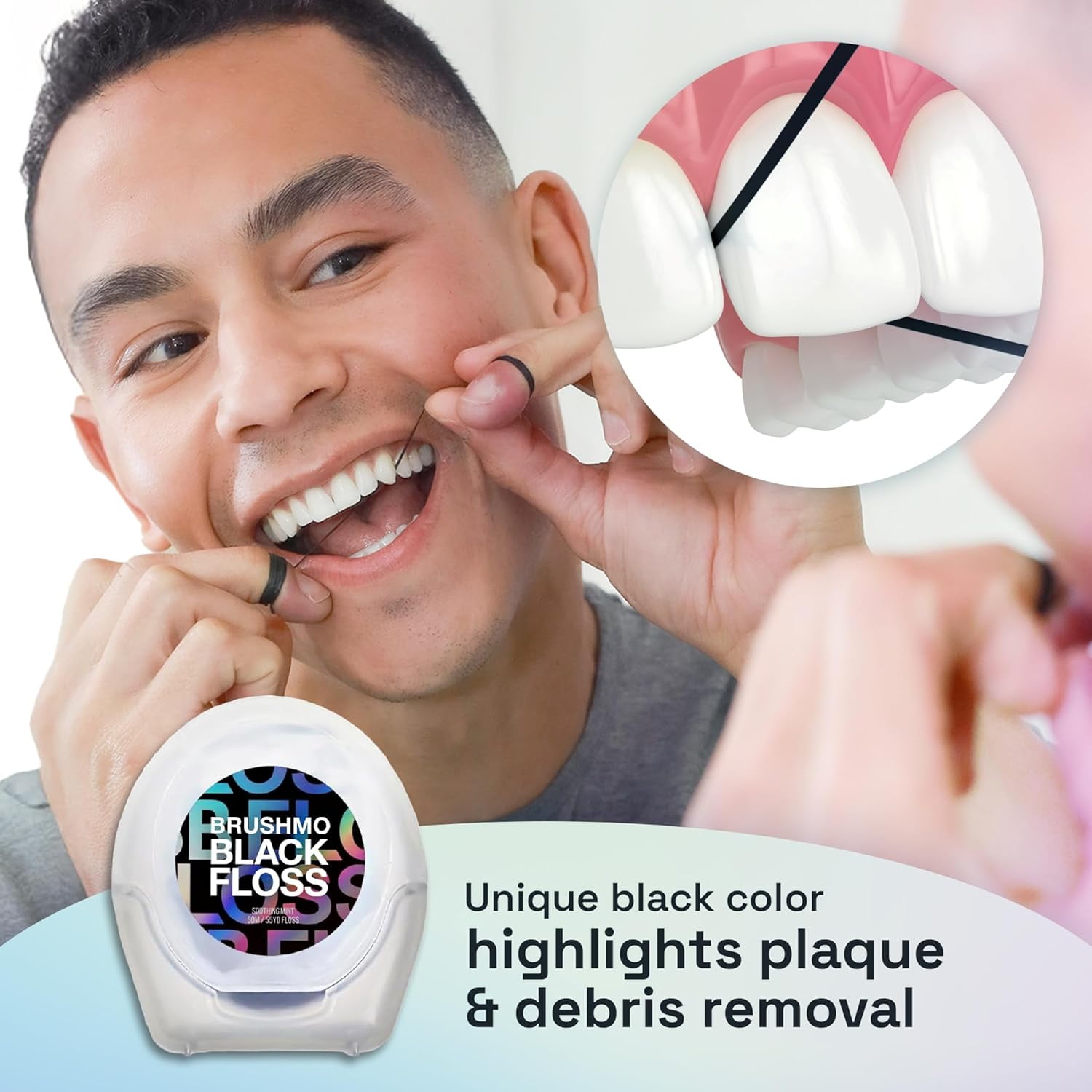 Brushmo Black Expanding Woven Dental Floss, Soothing Mint, Natural Wax, Dentist-Designed, Vegan, 5 Spools (275 yd)