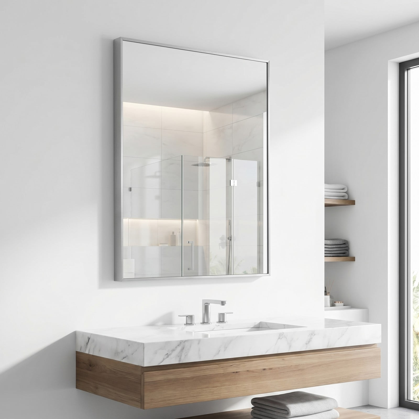 Gleamira 30"x36" Rectangular Bathroom Mirror Wall Mounted Mirror with Metal Frame, Silver