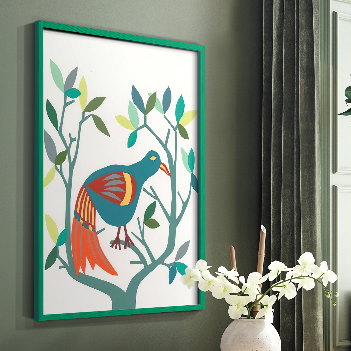 Whitty Bird II Framed Print in Green Solid Wood 11 x 14 Framed Print