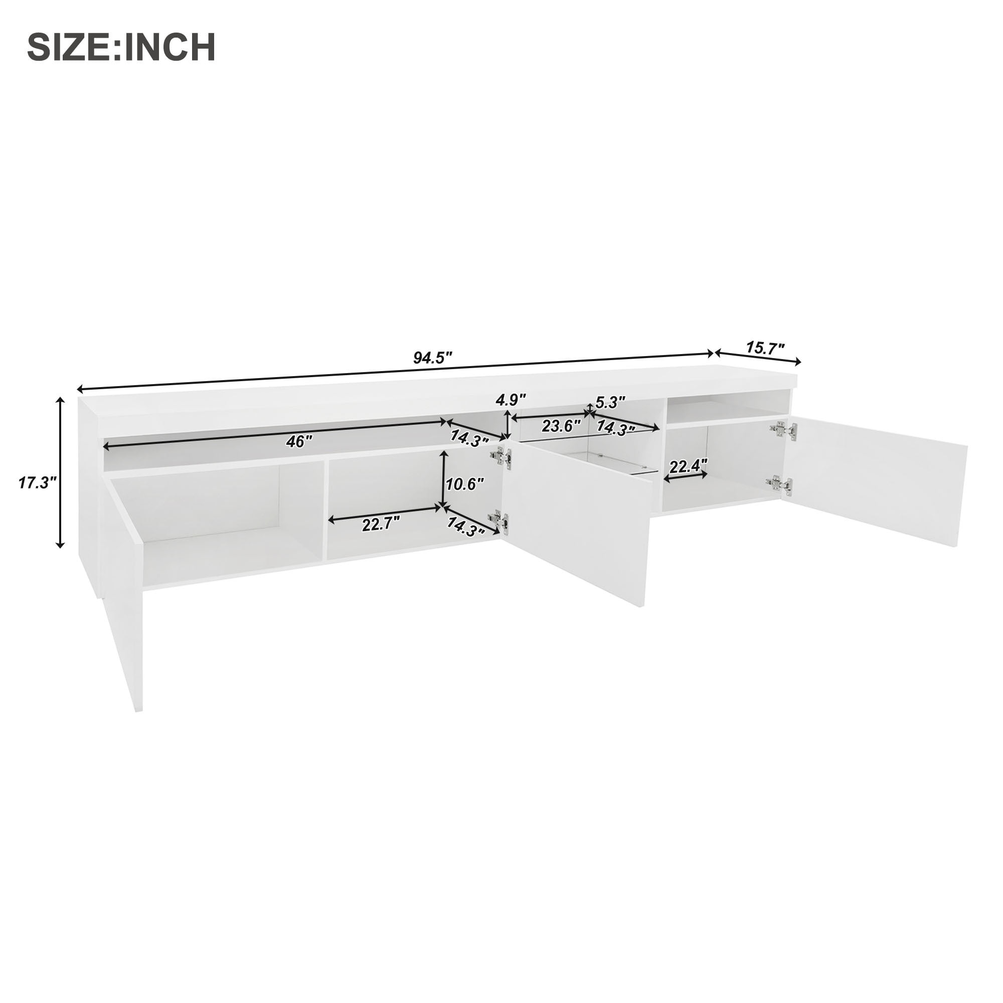 EUROCO 94.5" Longer TV Stand for TVs Up to 100", Versatile Entertainment Center Media Console Table with LED Color Changing Lights 2 Glass Shelves,with Ample Storage Space, White