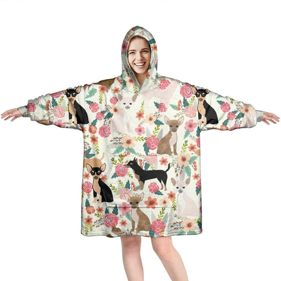 Chihuahua and Flower Florals Wearable Oversized Blanket,Wearable Blanket Hoodie for Adults,Cozy Hooded Blankets with Super Pockets,Super Warm Fuzzy Pullover for Women & Men