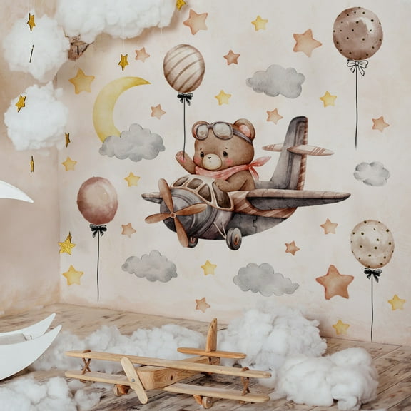 Harpi Wall Decals Clearance Bear Flying Aircraft Wall Decal for Children's Room Kindergarten Hot Star Decoration Self Adhesive Wall Decal